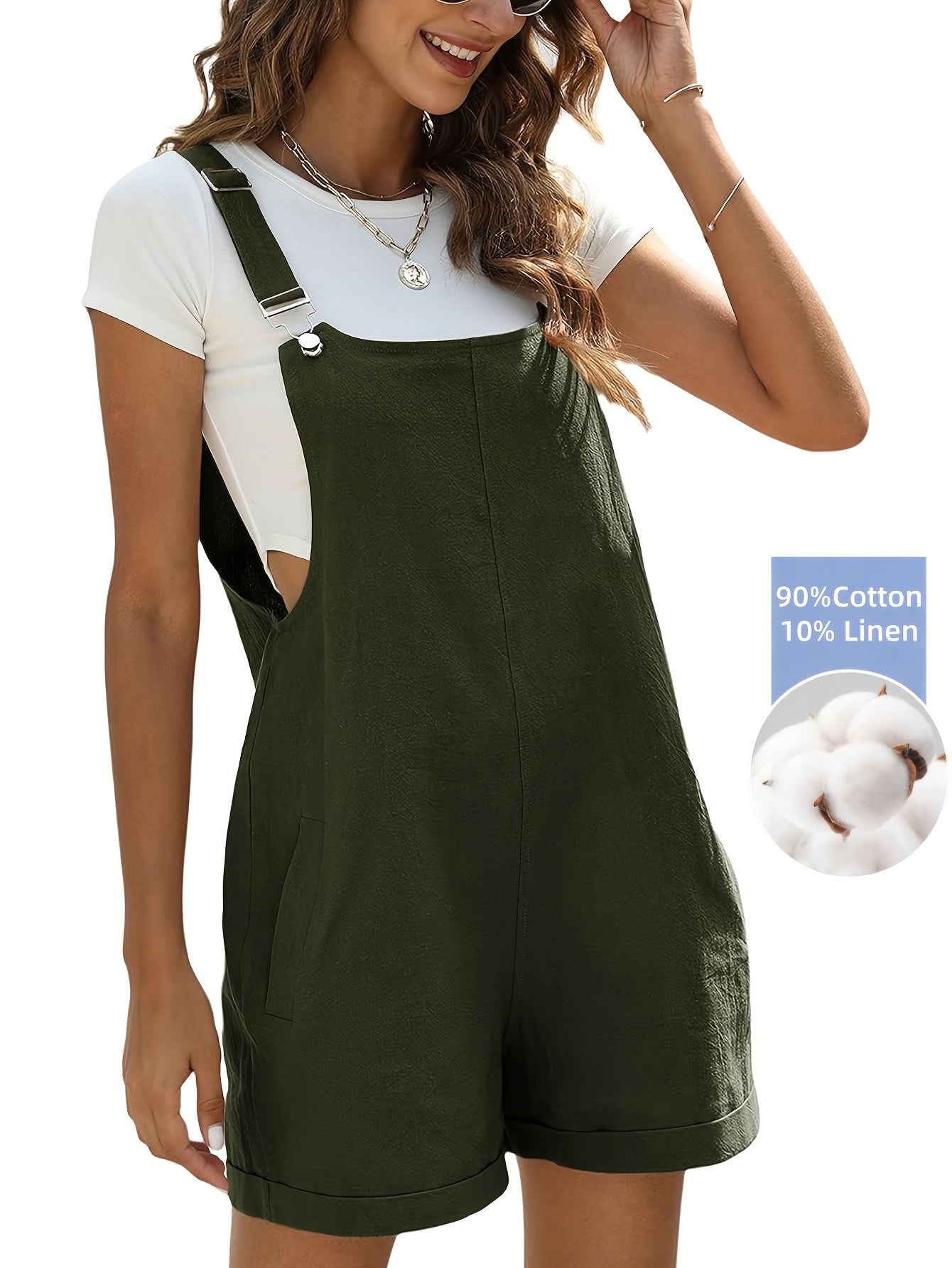 Women'S Linen Stylish Short Overalls Casual Summer Bib Shortalls With Pockets