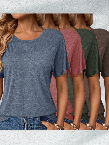 4pcs Women's Casual Rayon Short Sleeve T-Shirts- Pink, Olive Green, Dark Gray, and Brown Solid Color Crew Neck Tops, Machine Washable Four Seasons Comfortable Version, Women's T-Shirts