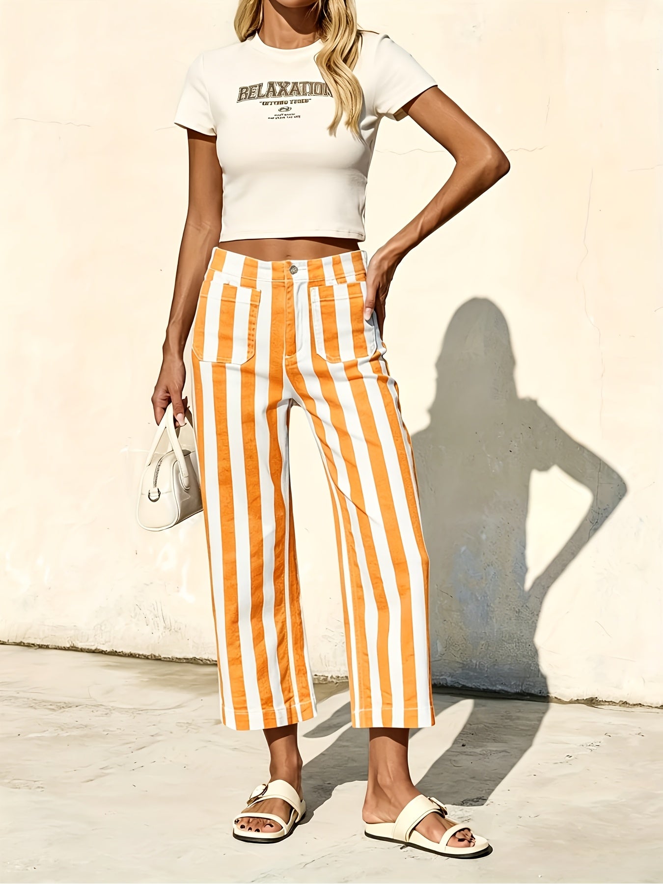 Womens Cropped Striped Jeans Casual High Waisted Stretchy Straight Leg Denim Pants with Pockets