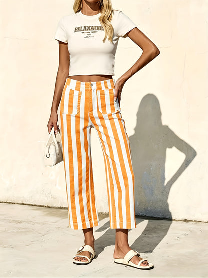 Womens Cropped Striped Jeans Casual High Waisted Stretchy Straight Leg Denim Pants with Pockets