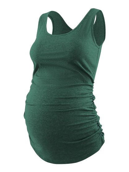 Women's Full Bump Coverage Maternity Tank Top - All-Stage Pregnancy Shirt with Side Ruching & Scoop Neck, Stretchy Rayon-Spandex Sleeveless Nursing Vest for Postpartum Wear, Breathable Belly-Friendly T-Shirt (No Chest Pads)