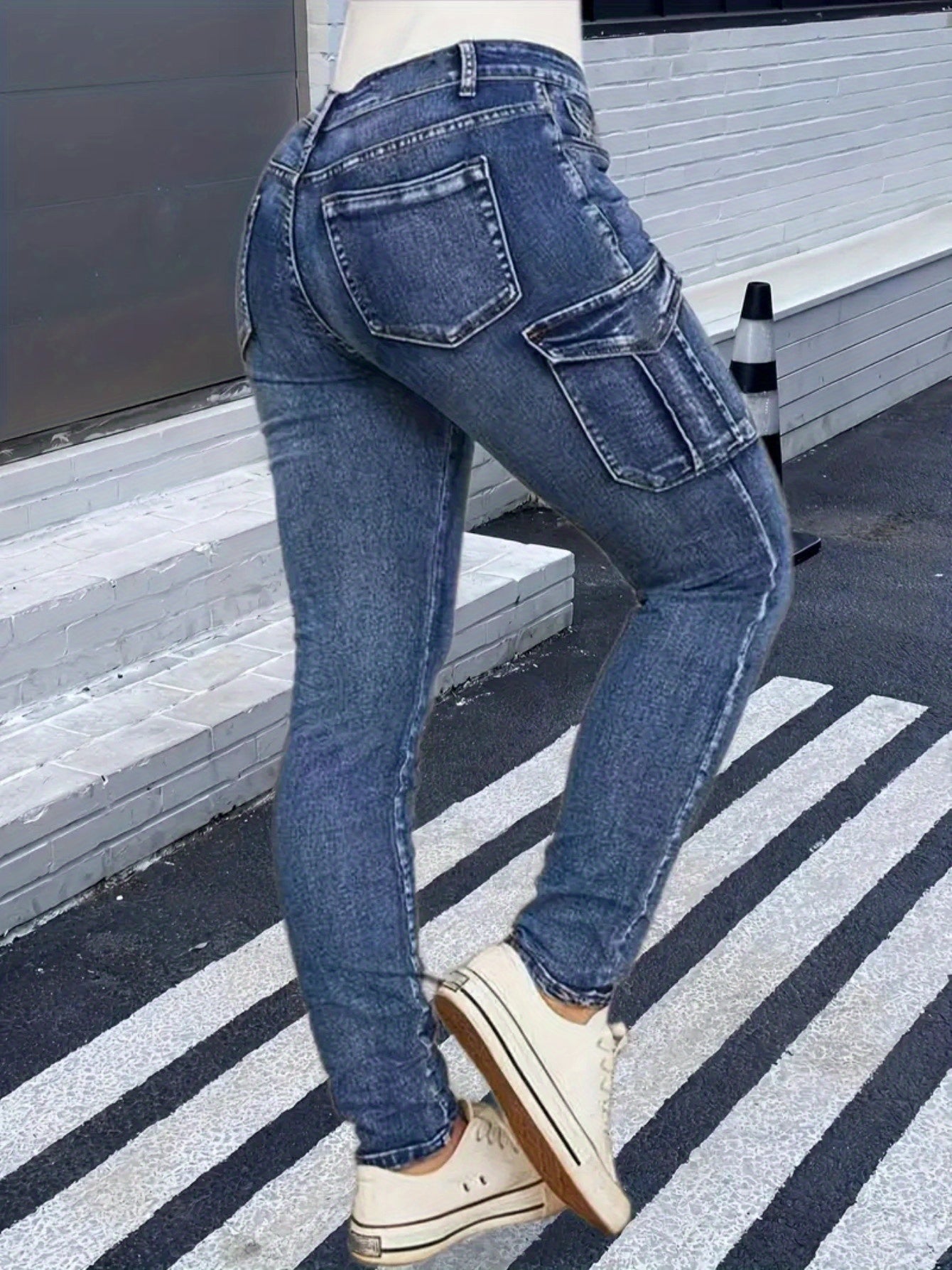 Plus Size Women'S Fashion Skinny Jeans -Comfortable Cargo Denim Pants with Side Pockets