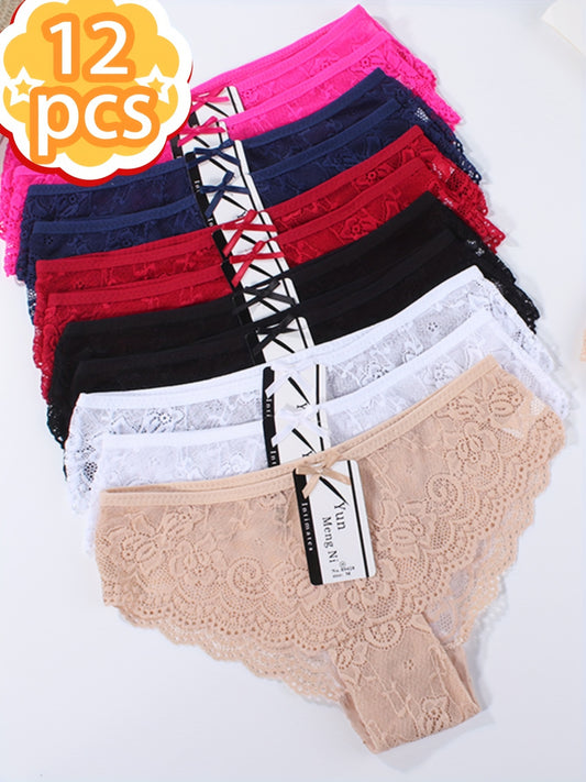12pcs Or 6pcs Women's Lace Bow Underwear, Mixed Colors, Medium Waist, High Elasticity, Crotch, Soft And Breathable, Sizes S-XXL, Ideal for Year-Round Wear