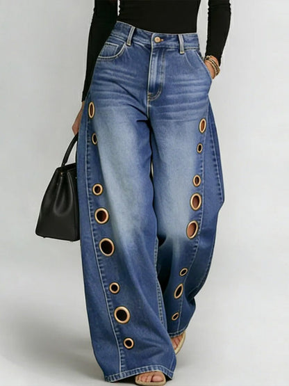 [Casual High-Waisted Jeans] New Women's Jeans 2026 with Metallic Eye Design - Casual Loose High-Waisted Wide Pants for Women