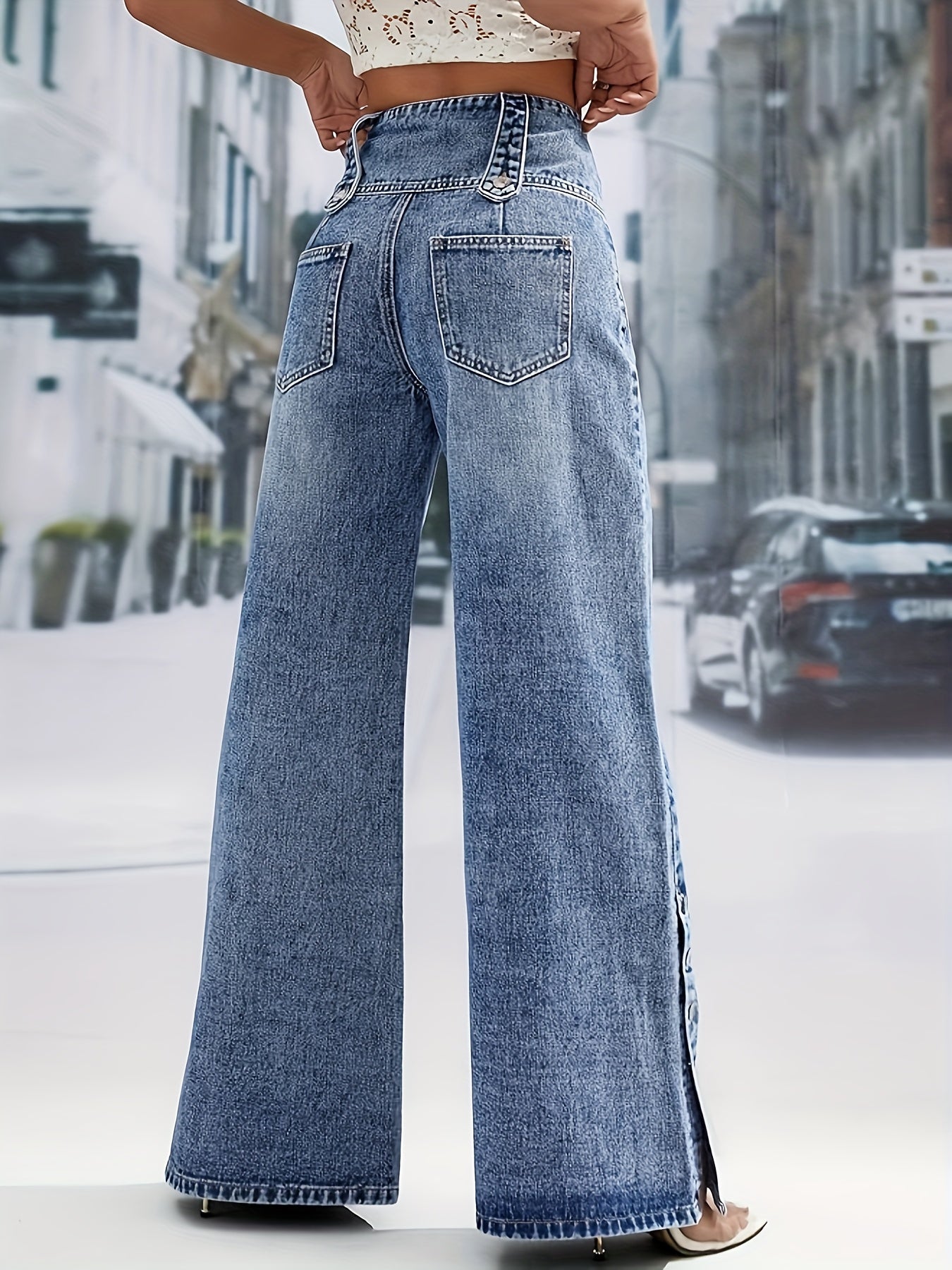 Women'S Light Blue Denim with a High Waist And Snowflake Pattern, Featuring a Buckle Design, Snap Boot Pant Legs, And a Straight, Loose Wide-Leg Cut. This Stylish Casual Outfit Is Perfect for Weekdays And Weekend Shopping, Machine Washable
