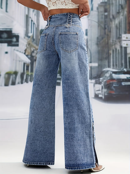 Women'S Light Blue Denim with a High Waist And Snowflake Pattern, Featuring a Buckle Design, Snap Boot Pant Legs, And a Straight, Loose Wide-Leg Cut. This Stylish Casual Outfit Is Perfect for Weekdays And Weekend Shopping, Machine Washable