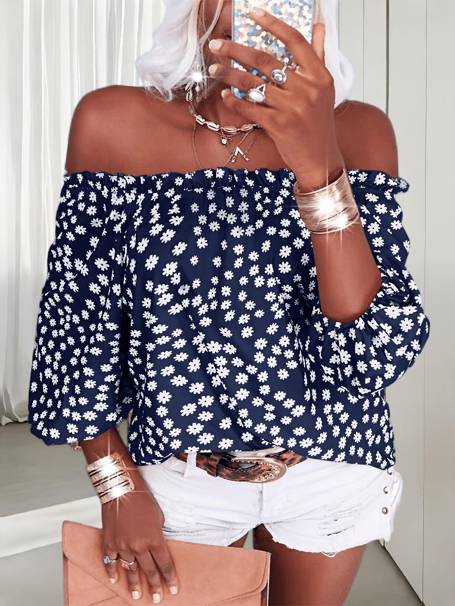 Womens Summer Off Shoulder Blouse Floral Print 3/4 Sleeve Casual Chiffon Tops Shirts