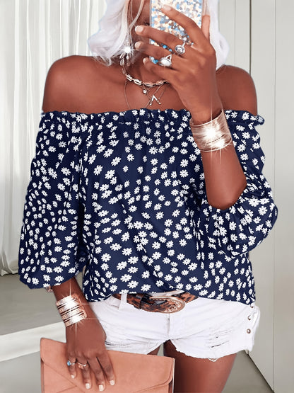 Womens Summer Off Shoulder Blouse Floral Print 3/4 Sleeve Casual Chiffon Tops Shirts