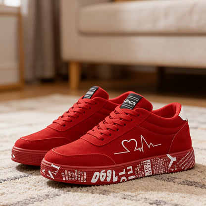 Men's Trendy Skateboarding Sneakers for All Seasons - Electrocardiogram & Heart Pattern Design, Street-Style Fashion Sneakers Suitable for Street Skateboarding And Daily Wear