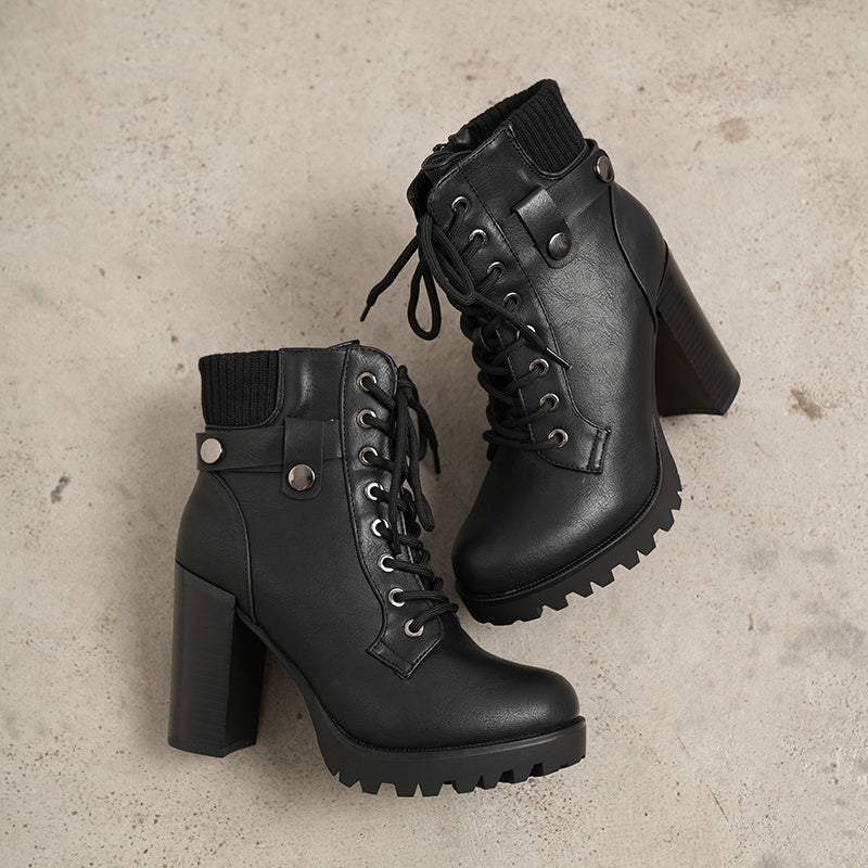 Women Short Boots Fall Winter Boots Women's Lace up Combat Ankle Boots High Chunky Heel Fashion Heeled Booties Shoes Black Boots