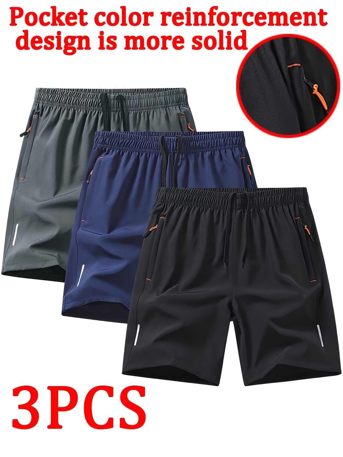 3pcs Men'S Stylish Athletic Shorts, Black Drawstring Design, Zipper Pockets, (Includes Wristband)Ideal For Summer Workouts And Outdoor Activities, Plus Size Shorts