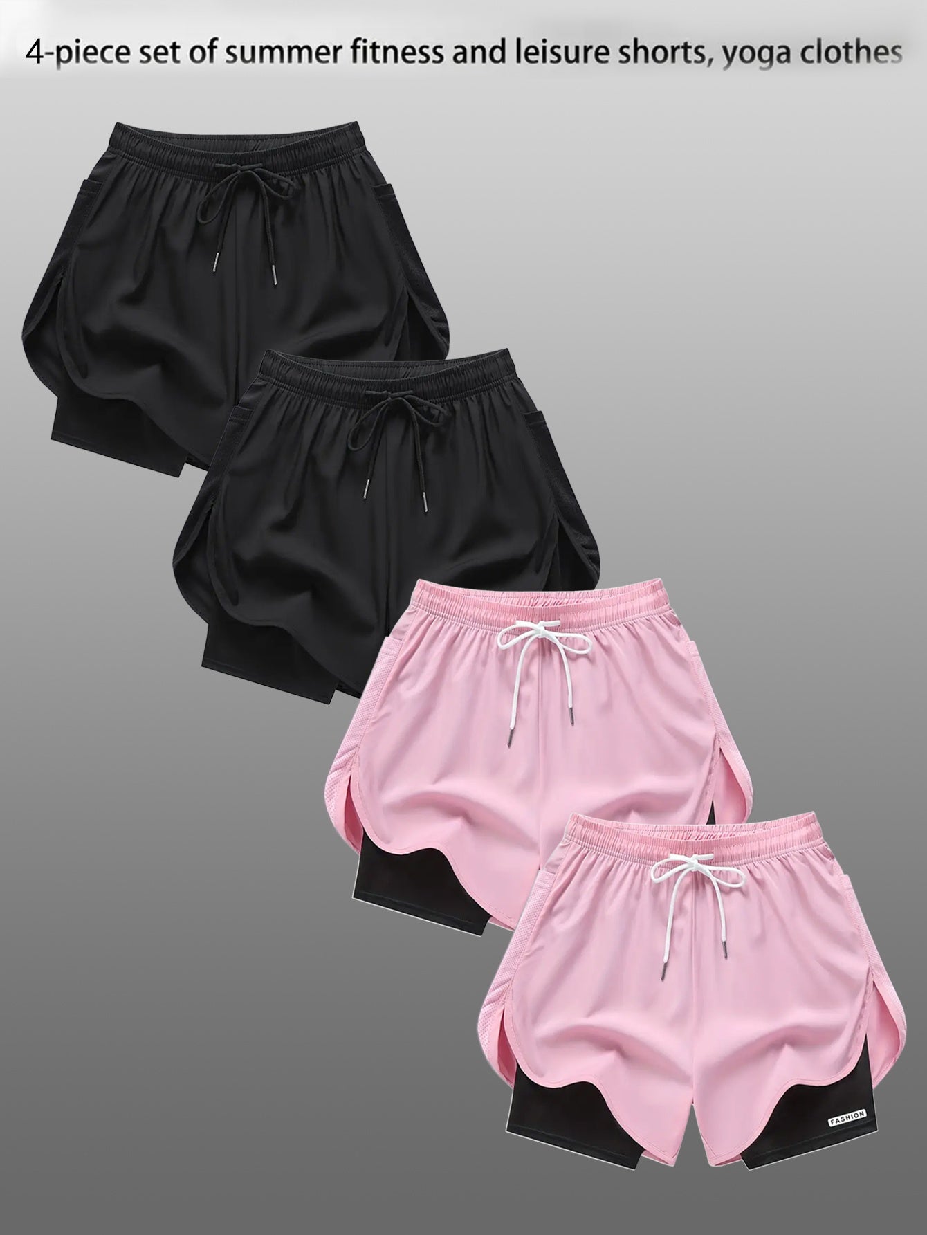 4pcs Summer Women's Casual Sports Shorts, Featuring A Two-piece Layering Design with Letters Suitable for Running And Casual Fitness, Come In Black, Gray, Green And