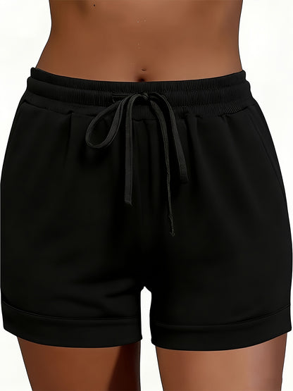 2pcs Solid-color Casual Pocket Women'S Shorts With Adjustable Drawstrings - Spring, Summer And Autumn Lightweight And Breathable Fabric, Machine Washable, Suitable For Home And Daily Wear, Seasonal Fashion, Soft Texture