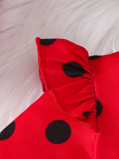 3pcs Baby Girl Autumn New Round Neck Small Fly Sleeve Dot Ladybug Positioning Printed Long Sleeved Pullover Skirt Shirt&elastic Comfortable Pants&headband Set Outdoor Clothing, Perfect for Outdoor