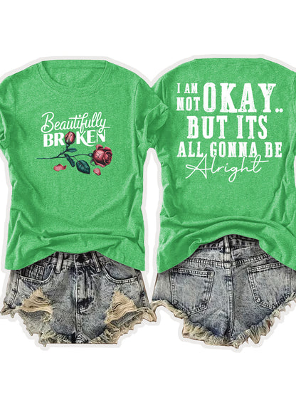 Ladies' European-Style Round Neck Short Sleeve T-Shirt for Summer, Lightweight and Breathable, Front and Back with Stylish Floral Prints and 'Beautifully Broken' Text, Perfect Comfort Fit for Daily Wear, A Versatile and Chic Choice for Laid-Back