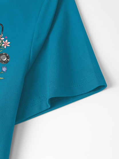 Women'S Elegant Floral Stethoscope Print V-Neck Scrub Top, Polyester Knit Fabric with Medium Stretch, Short Sleeve Nurse Uniform with Pockets, All-Season Loose Fit Pullovers