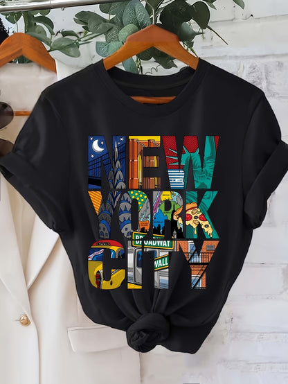New York City Orienteering T-Shirt - Short Sleeve Casual Round Neck Tee with NYC Skyline & Geometric Map, Machine Washable - Urban Navigation Top