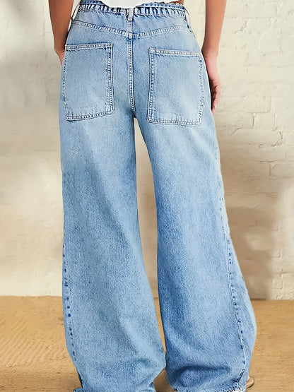 HME New Autumn/Winter Women's Non-Stretch Semi-Elastic Waist Pants, All-Season Wear, Washed Denim Fashion Vintage Multi-Pocket Patchwork Cargo Casual Jeans
