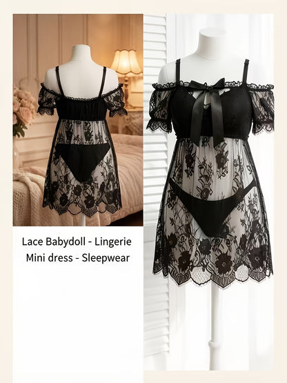 Plus Size Lace Nightdress for Curvy, Sexy Lingerie, Lace & Bow Off-Shoulder Design, Perfect for Home Bedroom Private Space, Super Textured & Attractive