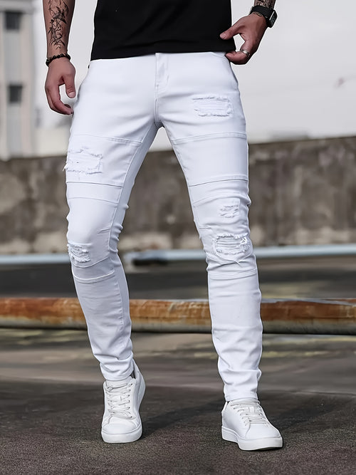 [HME] Men'S Casual Jeans, Fashionable Perforated Patch Style, Three-Dimensional Cut And Patchwork Design, Mid-Waist Elastic Slimming Skinny Pants, Suitable for All Seasons, Essential for Daily Casual Wear Men'S Denim Long Pants