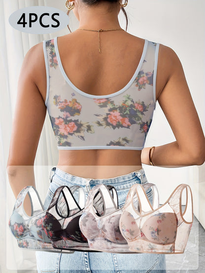 (4pcs Mixed Color Pack) Lace Mesh Bra, Comfortable And Breathable Full Coverage Bra, Women'S Underwear And Lingerie