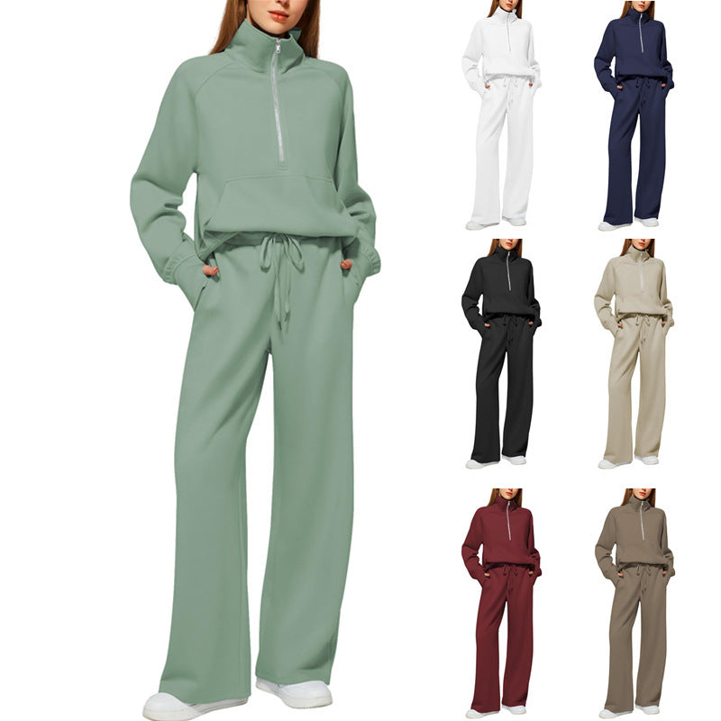 2Pcss Outfits for Women, Oversized Half-Zip Sweatshirt And Wide Leg Sweatpants Set, 2026 Spring Casual Lounge Tracksuit Women'S Trendy 2Pcss Matching Set, Oversized Quarter-Zip Pullover And Loose Wide Leg Trousers, Chic Spring Sporty Outfits