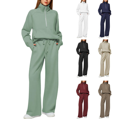 2Pcss Outfits for Women, Oversized Half-Zip Sweatshirt And Wide Leg Sweatpants Set, 2026 Spring Casual Lounge Tracksuit Women'S Trendy 2Pcss Matching Set, Oversized Quarter-Zip Pullover And Loose Wide Leg Trousers, Chic Spring Sporty Outfits