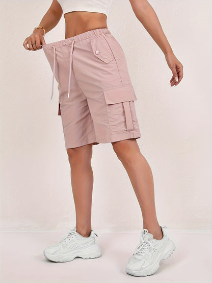 [Quick-Dry Cargo Shorts] 2pcs Women's Lightweight Quick-Dry Cargo Shorts - Loose Fit, Multi-Pocket Design, Mid-Thigh Length, Casual Wear For Spring/Summer/Fall, Machine Washable, Beige, Outdoor | Relaxed Fit Shorts | Shorts