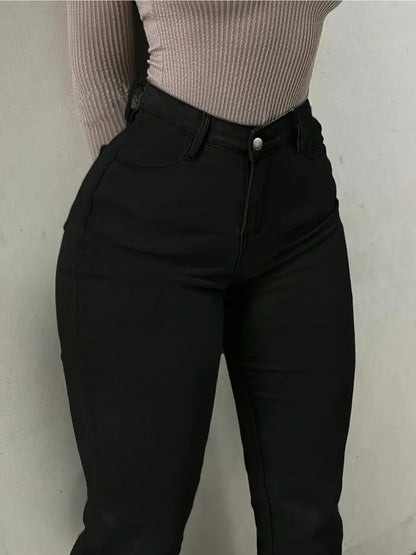 These Are Women'S Stylish Black Flare Jeans Made from Stretchy Viscose, Perfect for Casual Wear And Comfortable in Any Season, Featuring a Button-Front Design