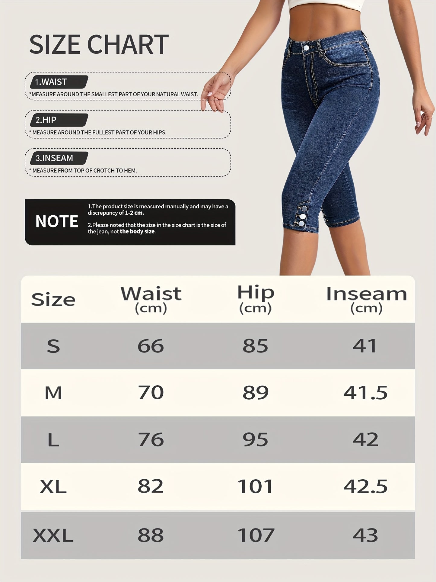 Women's Cropped Elastic Denim Mid Length Pants with Button Closure And Functional Pockets, Casual Style Cut Jeans, Comfortable for Daily Use