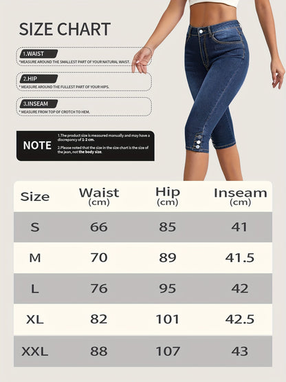 Women's Cropped Elastic Denim Mid Length Pants with Button Closure And Functional Pockets, Casual Style Cut Jeans, Comfortable for Daily Use