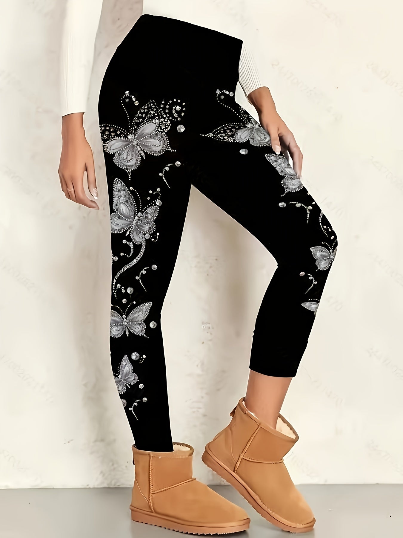 Plus Size, Plus Size - Women's Plus Size Elegant Pants - Stretchy Non - See - Through Leggings with Black & Pink Butterfly Print, All-Season Formal & Casual Pants for Everyday, Parties, Office - Non-Transparent Trousers for Women.