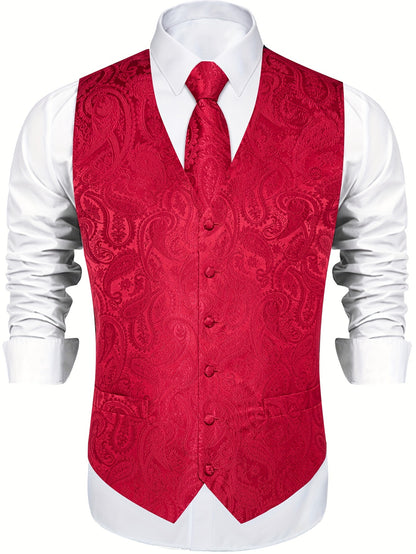 Men'S Classic Formal Suit Vest And Necktie Set - Elegant Red Paisley Design, Made from Non-Stretch Fabric, Featuring a Button Front Closure, Suitable for All Seasons Including Weddings, Business Events, And Parties - Formal Wear for Men, Plus Size