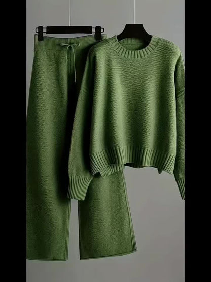 Y08 Women's 2pcs Elegant Casual Outfit, Long Sleeve Crew Neck Top & Loose Pants, Solid Color, Regular Cuffs, All-Season Wear, Multiple Colors Available
