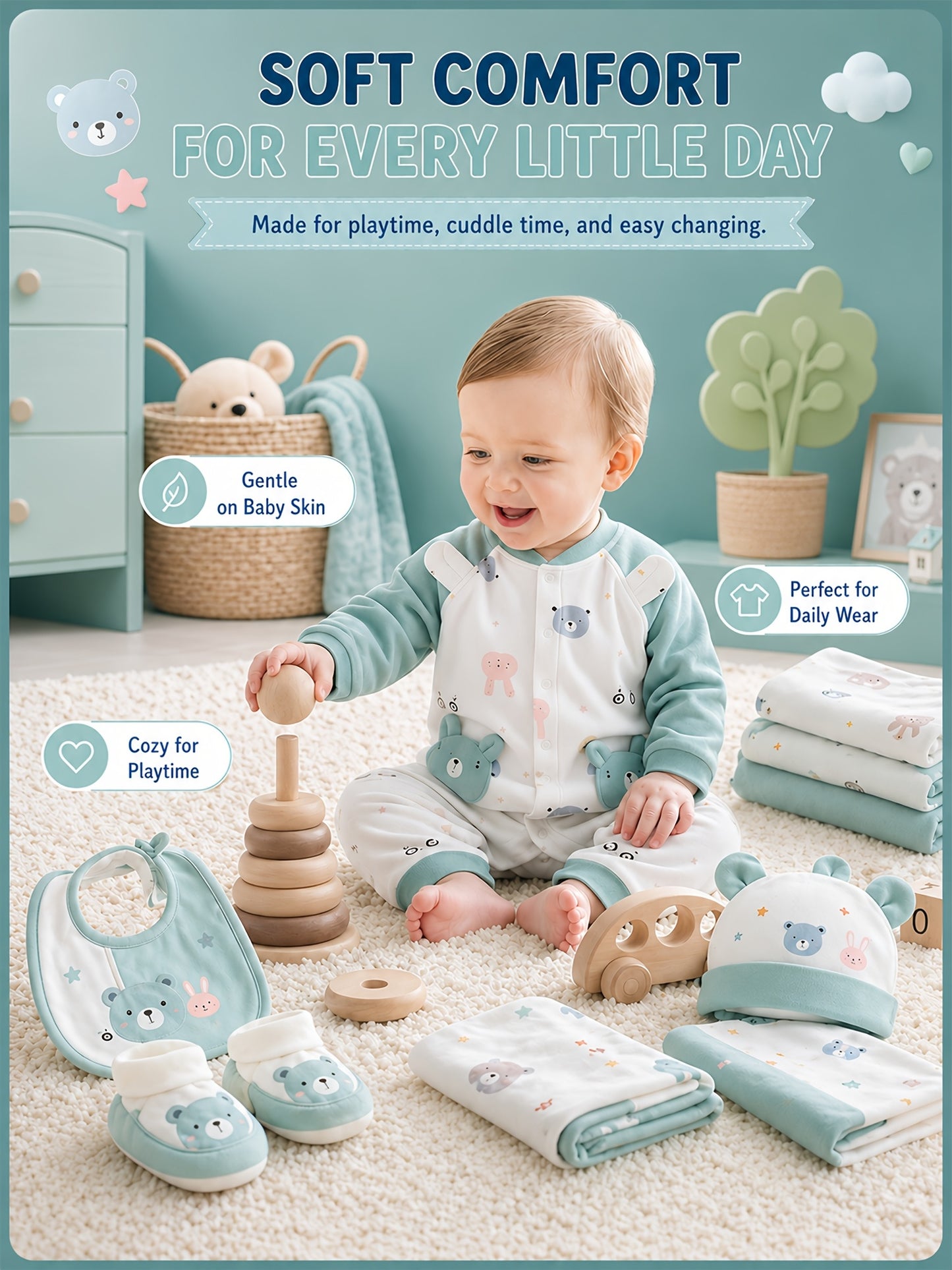 Baby Boy Clothes + Baby Items, Newborn Daily Necessities Complete Set, 0-3 Months, Total 26pcs, 5 Sets Of Clothes + Hat + Bib + Hand And Foot Covers + Bibs, Baby Full Moon Spring Long Sleeve Set, Baby Romper, Local Warehouse, Baby Shower Gifts