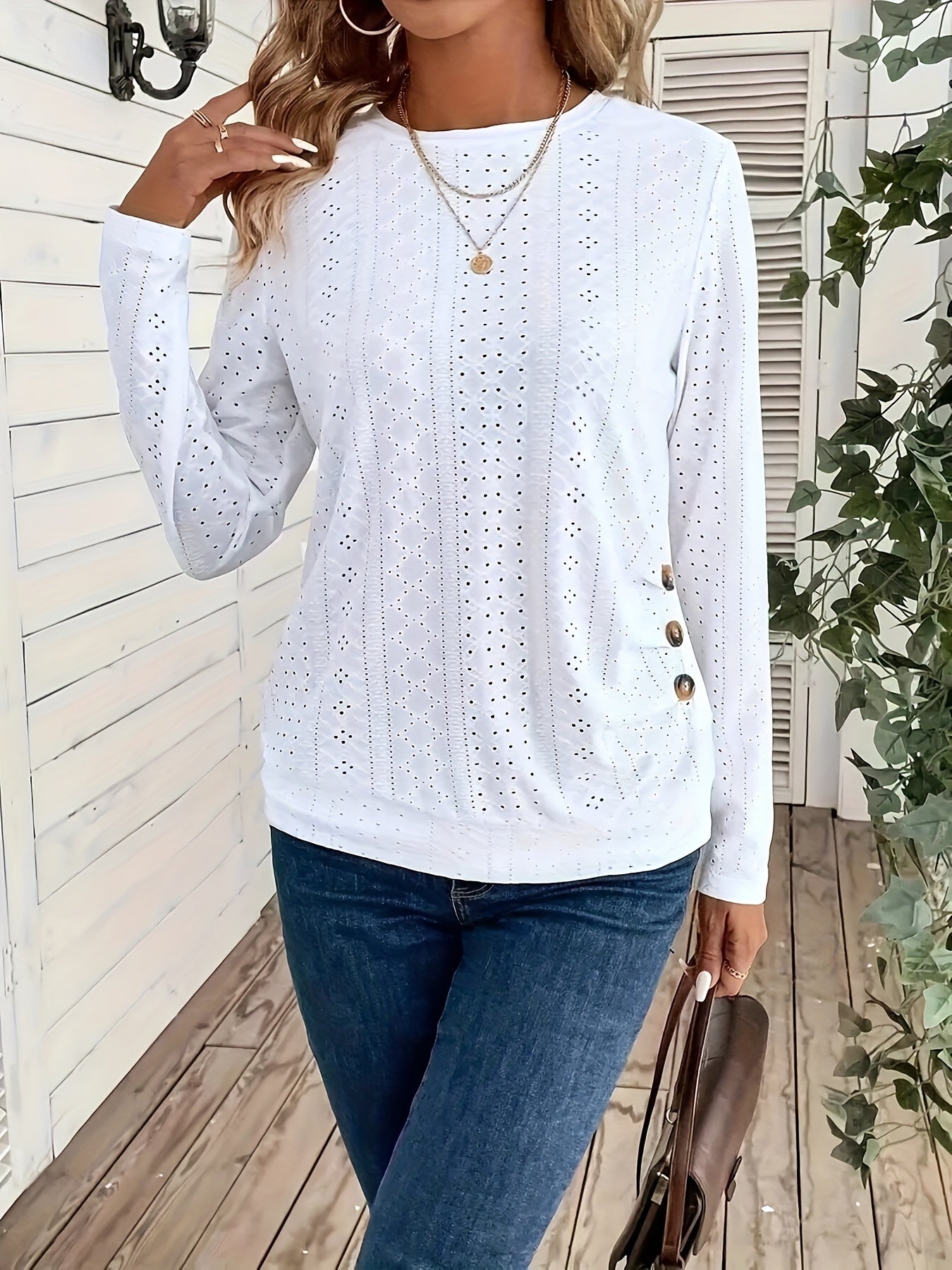 Chic Long-Sleeved Crew Neck Tee - Made from Soft Elastic, Featuring Faux Button Details, Machine Washable, Solid Hue, Length, Ideal for Spring And Autumn - Women'S Fashion Apparel