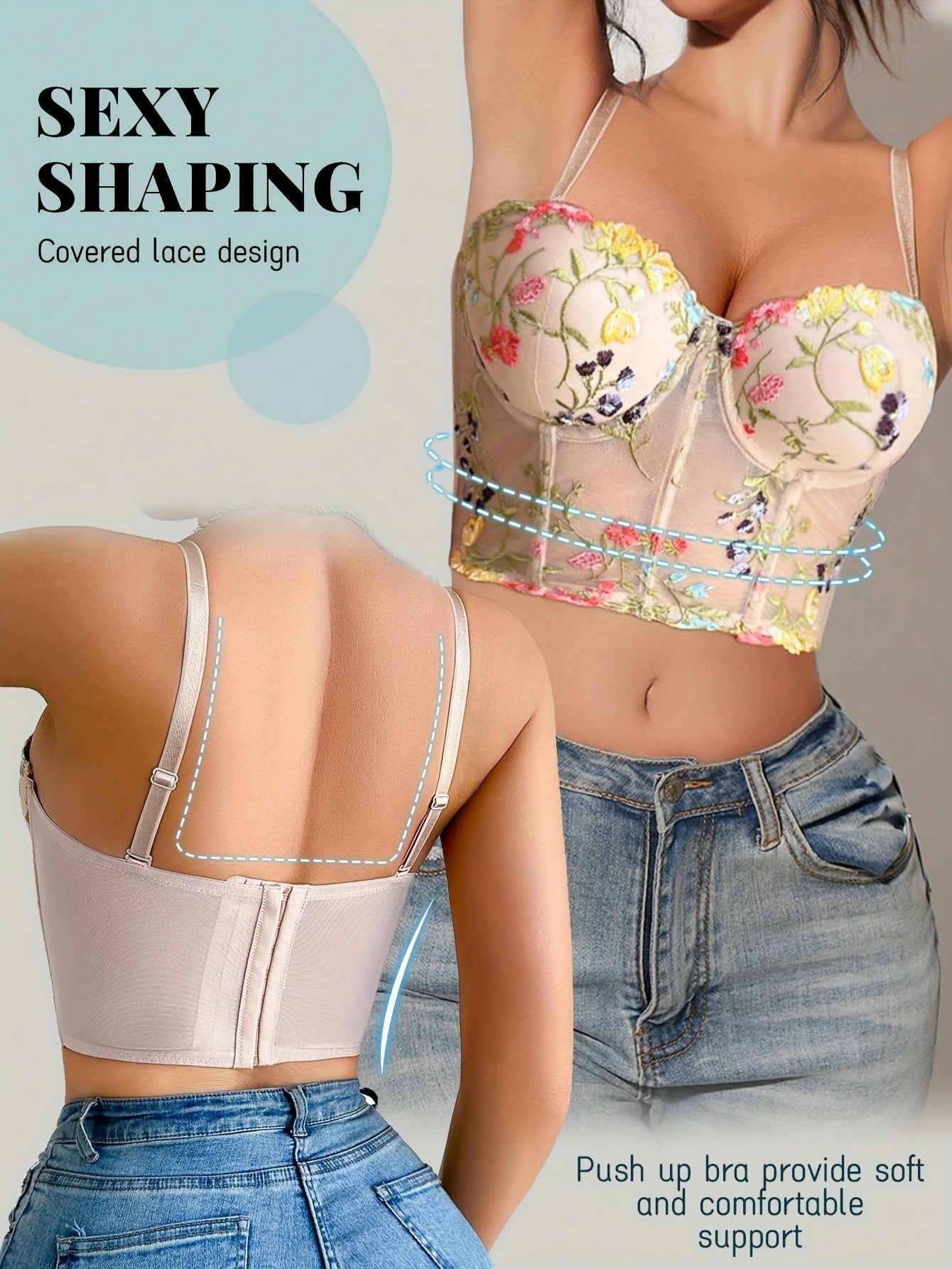 Elegant Floral Lace Push-Up Bra for Women - Underwire Support, Non-Removable Pads, Beige with Vibrant Floral Embroidery, Comfortable & Stylish Lingerie, Hand Wash Only, Durable Underwire