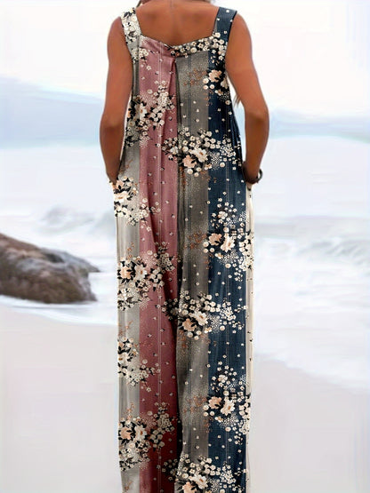 Plus Size Women's Floral Print Pocket Jumpsuit - Casual Button Front Wide-Leg Overalls, Perfect for Spring & Summer Beach Outings, Spring Fashion | Buttonfront Jumpsuit | Breathable Fabric