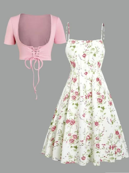 Floral Print Waisted Sleeveless Cami Dress And Solid Lace Up Short Sleeve Crop Top Set