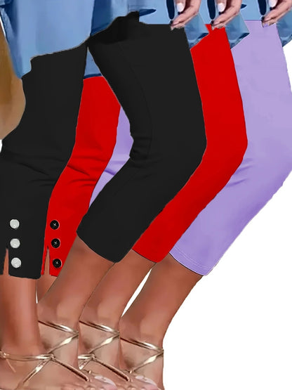 3357 White Black Red Three-Pack Women's Elastic Waistband, Medium Stretch Fabric, All-Season Casual Pants