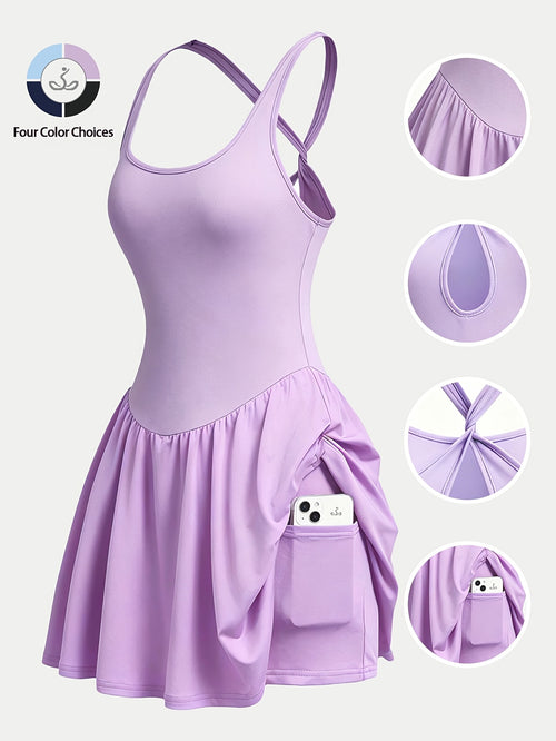 Womens Sleeveless 2-in-1 Athletic Tennis Golf Dress, Underneath Workout Dresses With Built-in Shorts Pocket, Workout Jumpsuits For Women Tummy Control With Double Lined Outfits.