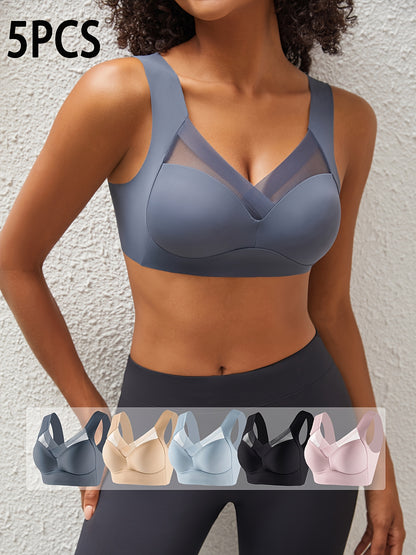 5pcs New Seamless Wireless Full Coverage Women'S Bras, Mature Solid Color, High Support, Comfortable And Breathable Back, Fabric with Mesh Details, Non Removable Pads - Perfect for Spring Festival And Mother'S Day!