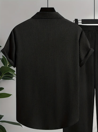 Men's Shirt Trousers Suit, Fashionable Bubble Plaid Simple Casual Lapel Short-sleeved Shirt And Solid Color Trousers Suit