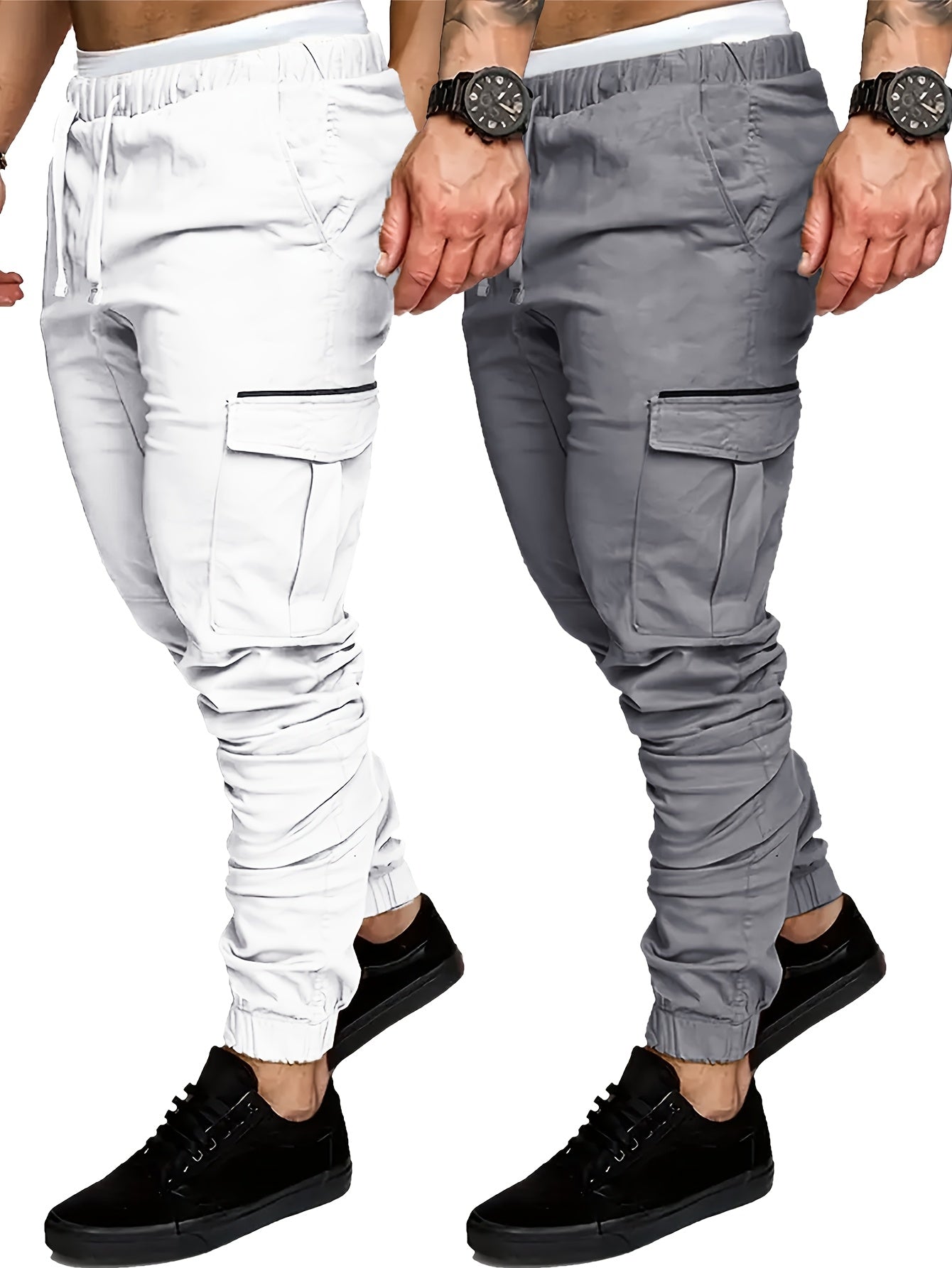 EXARUS 2 Pack Cargo Pants For Men - Relaxed Fit Twill Joggers With Elastic Waistband And Stretch Fabric - Casual Wear
