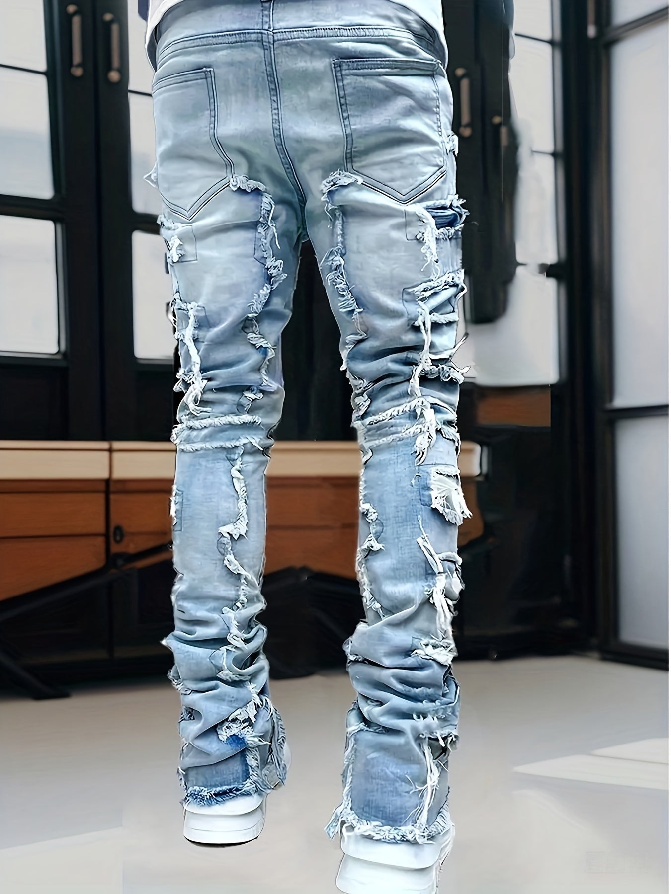 Men's Ripped Jeans Retro Street Style Spliced Slim Jeans Versatile Men Straight Denim Pants