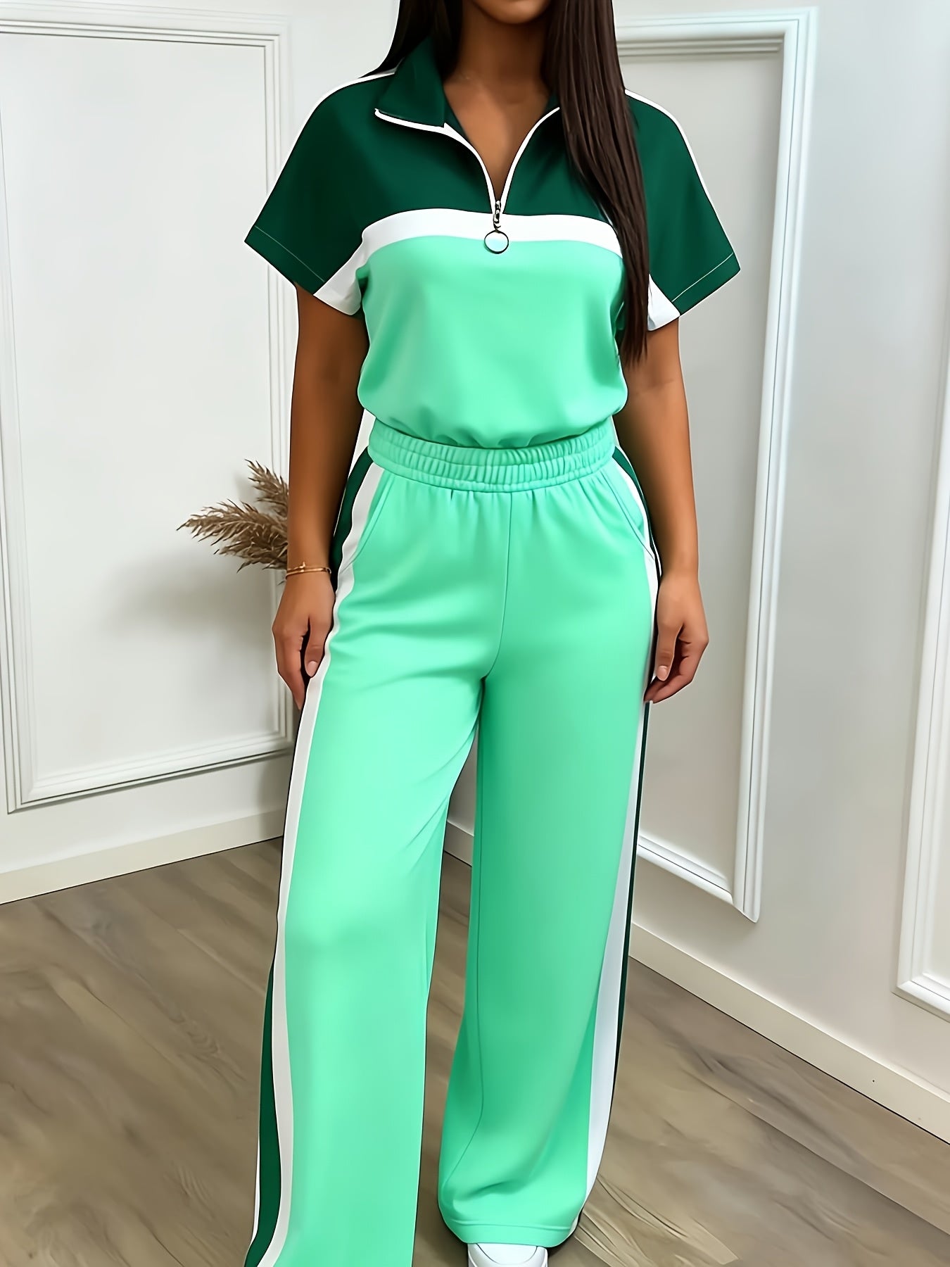 Women'S Casual Sporty Color-blocked Half-zip Stand-up Collar Mid-sleeve Sports Top + High-waisted Wide-leg Side Striped Sports Pants