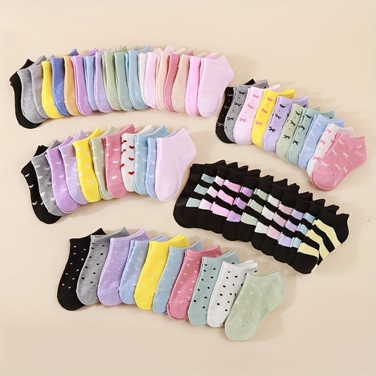 10/20 Pairs Youngsters' Soft Ankle Socks - Candy-Colored Assortment with Lace Bowknot, Heart & Striped Patterns, All-Match Casual Socks for Daily Wear, School & Playdates (Random Mixed Colors), Cute Socks, Playdate Essentials, Bowknot Pattern Sock, Comfor