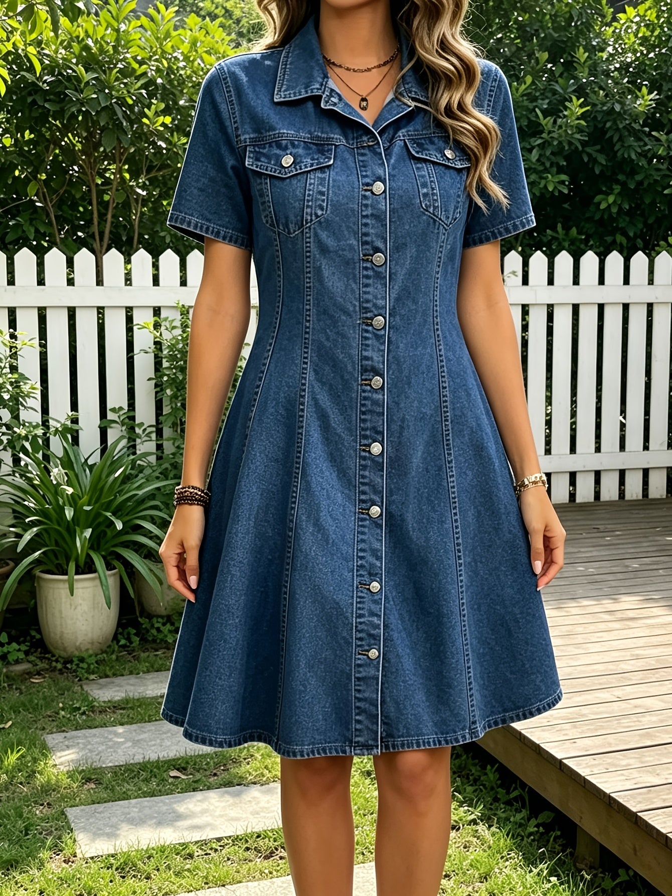 [Machine Washable Skirt Dress] Women's A-Line Denim Skirt Dress with Retro Polo Collar & Short Sleeves - Pocket -Free Short Length Suitable for Daily Wear, Date Nights, Shopping Outfits, Machine Washable Figure-Hugging Skirt Dress