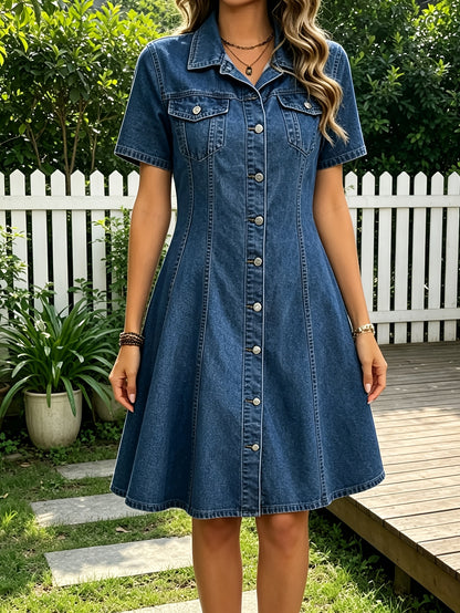 [Machine Washable Skirt Dress] Women's A-Line Denim Skirt Dress with Retro Polo Collar & Short Sleeves - Pocket -Free Short Length Suitable for Daily Wear, Date Nights, Shopping Outfits, Machine Washable Figure-Hugging Skirt Dress