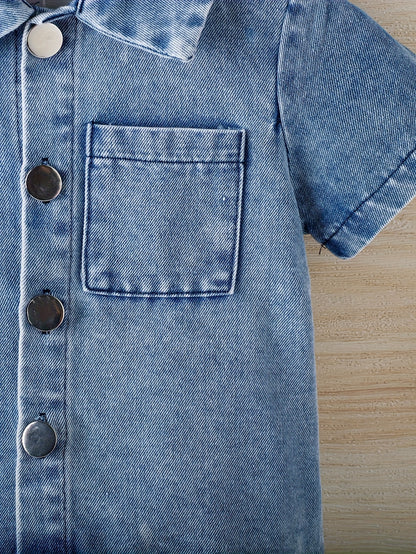 [Runs Large, Size 1 Size] Baby Boy 3pcs Summer Outfit Set, Soft Washed Denim Short Sleeve Lapel Jacket, Casual Denim Shorts And Matching Denim Bucket Hat, Daily Casual Clothes for 6-36 Months, Perfect for Outdoor
